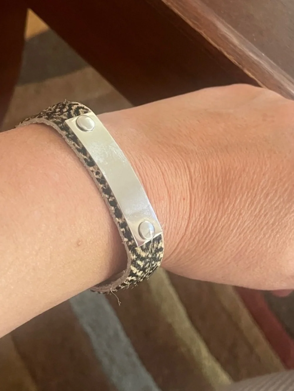 Plunder Brown Zebra Print Leather Snap Bracelet. Silver rectangular ID tag. NEW